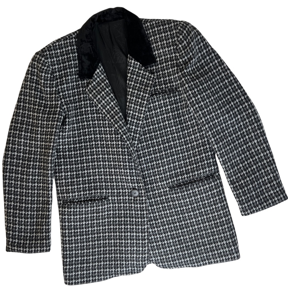 Vintage Herringbone Oversized Blazer Jacket Medium Black White Velvet Collar